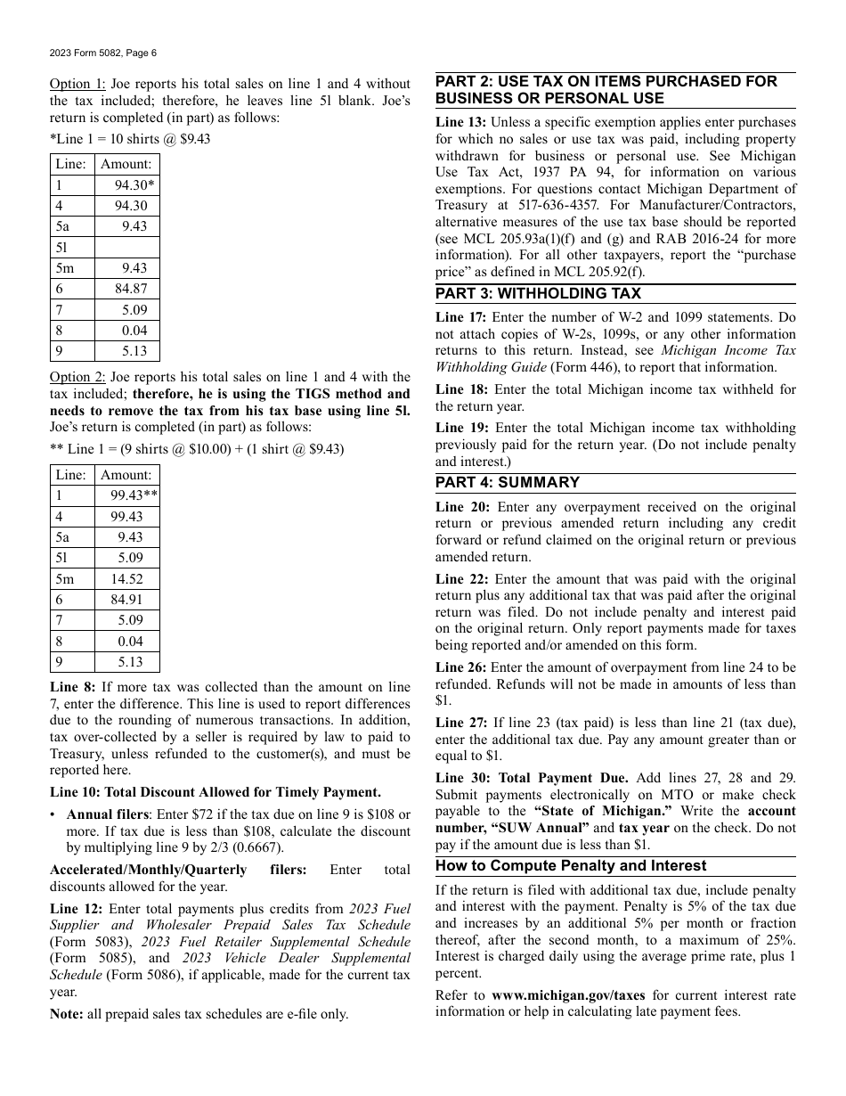 Form 5082 Sales, Use and Withholding Taxes Amended Annual Return - Michigan, Page 6