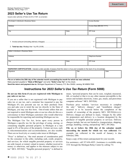 Form 5088 Seller's Use Tax Return - Michigan, 2023
