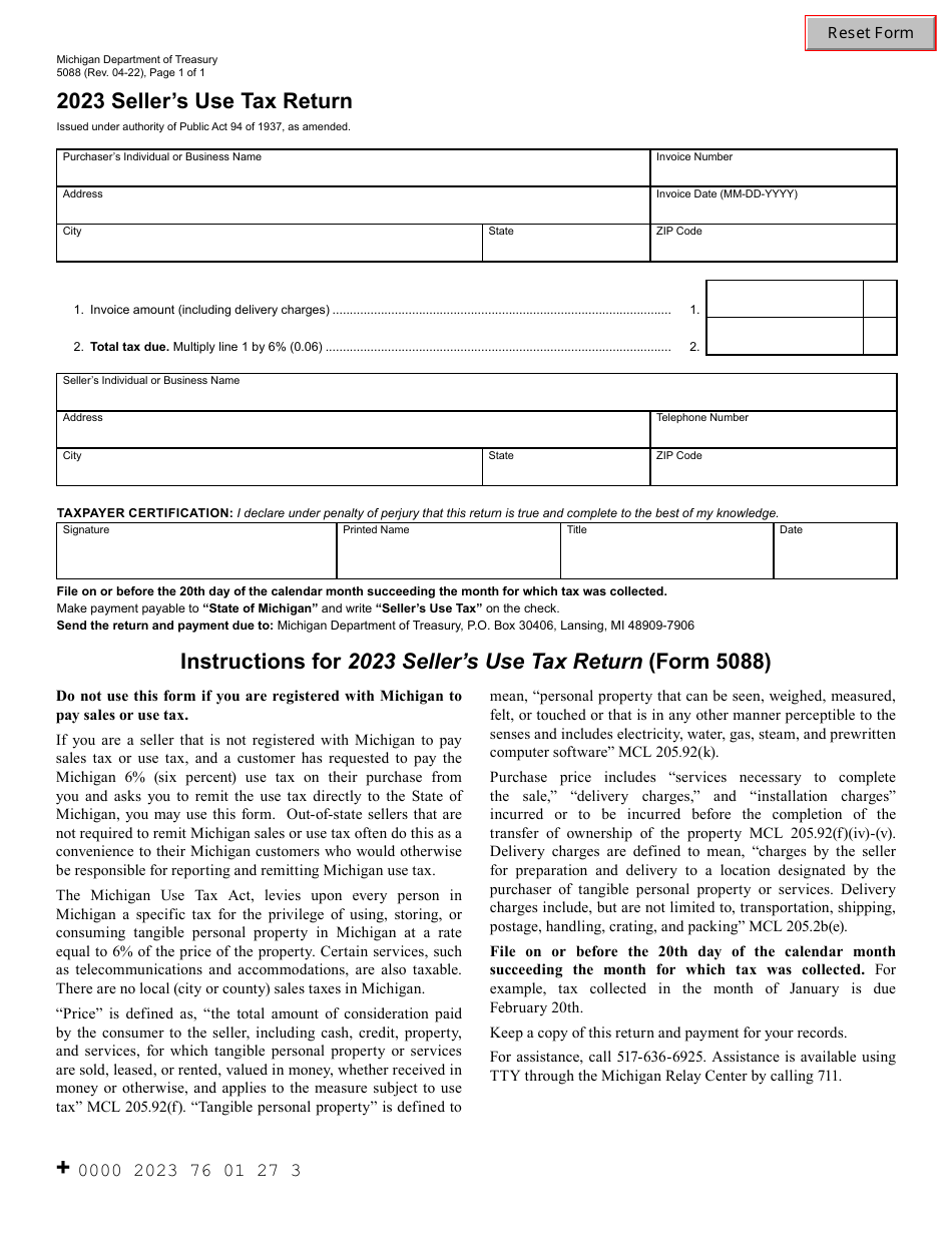 Form 5088 Sellers Use Tax Return - Michigan, Page 1