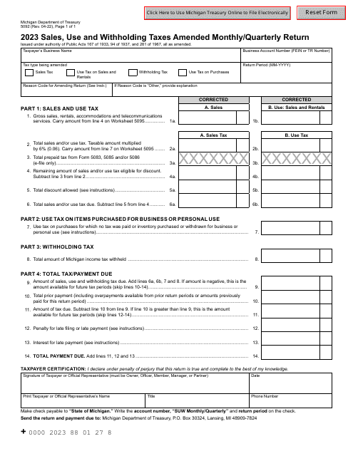Form 5092 Sales, Use and Withholding Taxes Amended Monthly/Quarterly Return - Michigan, 2023