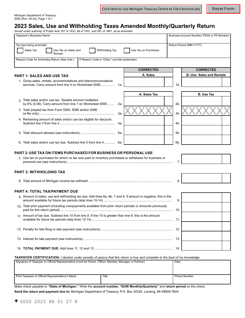 Form 5092 Sales, Use and Withholding Taxes Amended Monthly / Quarterly Return - Michigan, Page 1