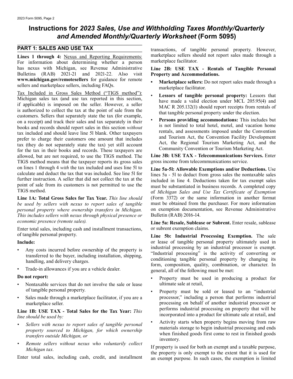 Form 5095 Sales, Use and Withholding Taxes Monthly / Quarterly and Amended Monthly / Quarterly Worksheet - Michigan, Page 2