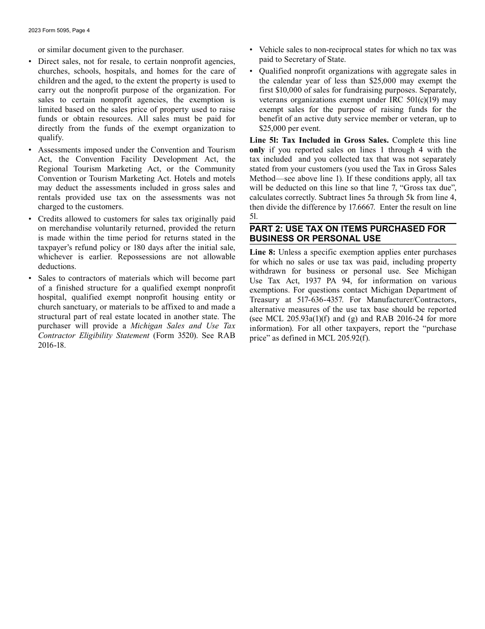 Form 5095 Sales, Use and Withholding Taxes Monthly / Quarterly and Amended Monthly / Quarterly Worksheet - Michigan, Page 4