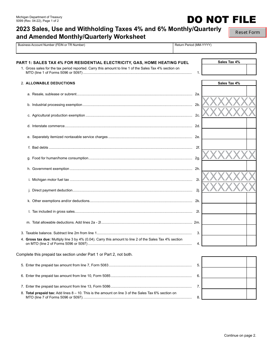 Form 5099 Sales, Use and Withholding Taxes 4% and 6% Monthly / Quarterly and Amended Monthly / Quarterly Worksheet - Michigan, Page 1