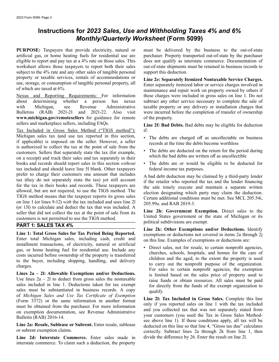 Form 5099 Sales, Use and Withholding Taxes 4% and 6% Monthly / Quarterly and Amended Monthly / Quarterly Worksheet - Michigan, Page 3