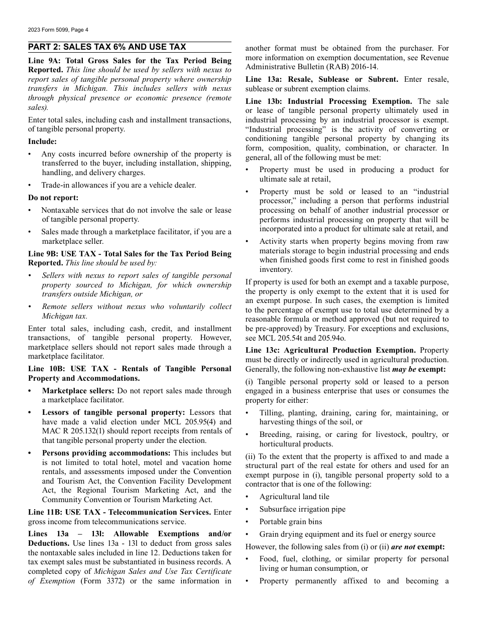 Form 5099 Sales, Use and Withholding Taxes 4% and 6% Monthly / Quarterly and Amended Monthly / Quarterly Worksheet - Michigan, Page 4