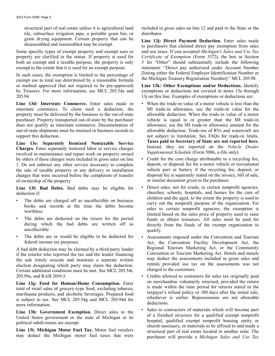 Form 5099 Sales, Use and Withholding Taxes 4% and 6% Monthly / Quarterly and Amended Monthly / Quarterly Worksheet - Michigan, Page 5