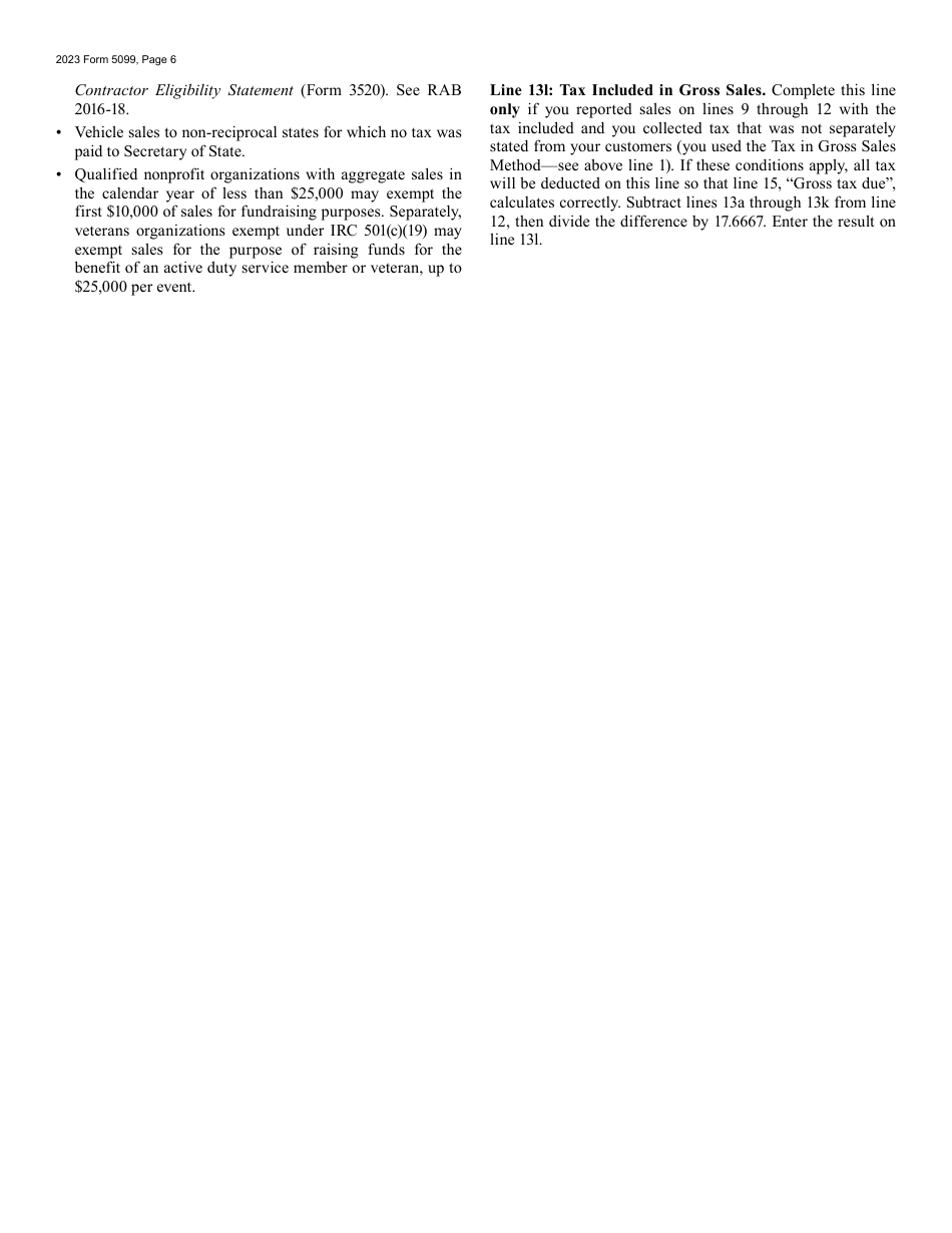 Form 5099 Sales, Use and Withholding Taxes 4% and 6% Monthly / Quarterly and Amended Monthly / Quarterly Worksheet - Michigan, Page 6
