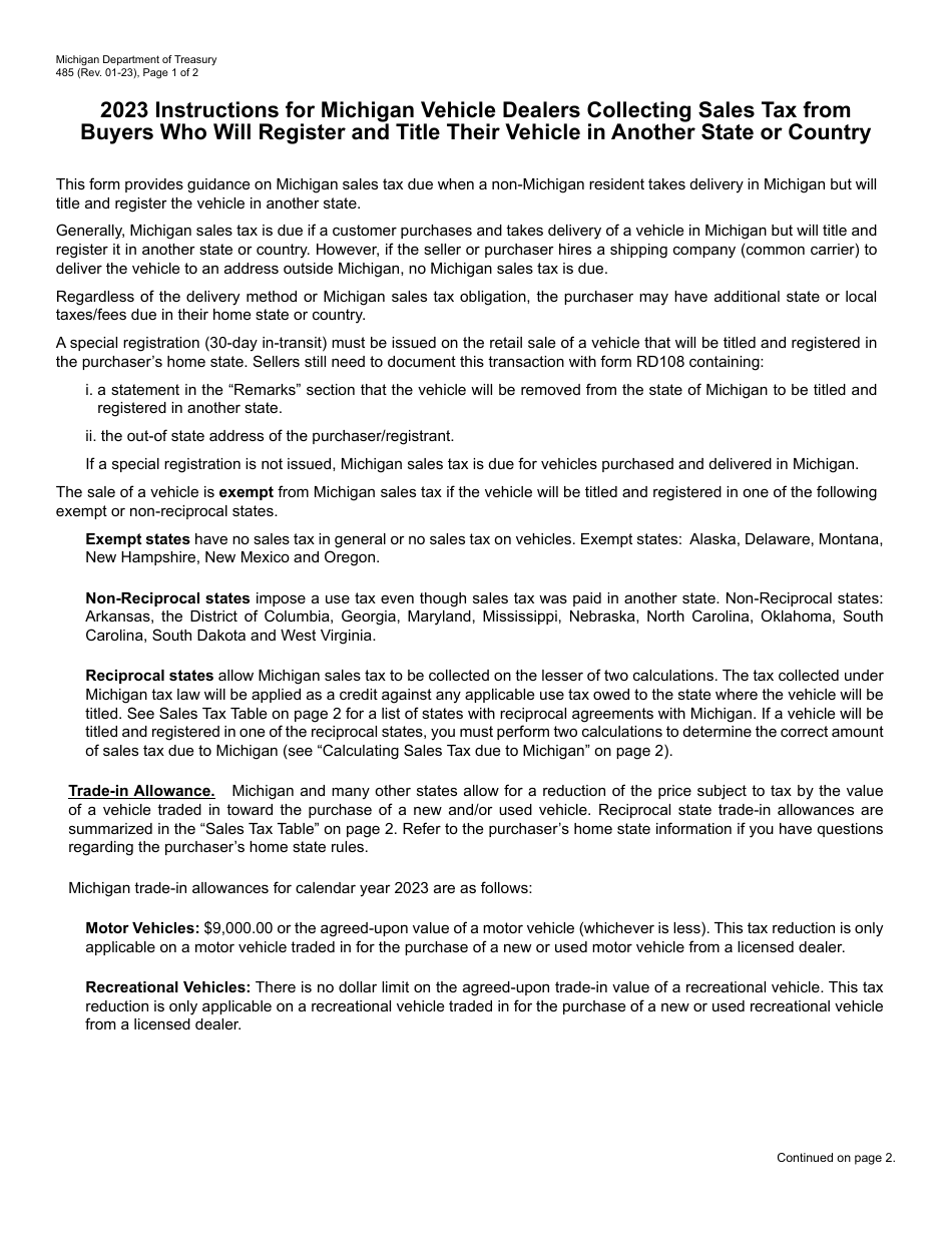 Form 485 Instructions for Michigan Vehicle Dealers Collecting Sales Tax From Buyers Who Will Register and Title Their Vehicle in Another State or Country - Michigan, Page 1