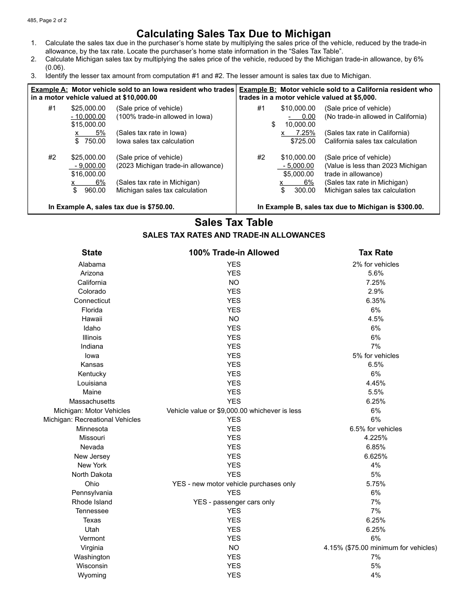 Form 485 Instructions for Michigan Vehicle Dealers Collecting Sales Tax From Buyers Who Will Register and Title Their Vehicle in Another State or Country - Michigan, Page 2