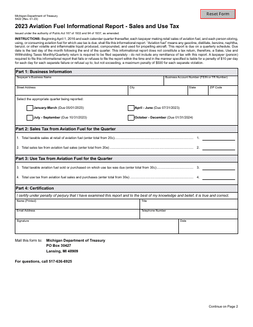Form 5422 Aviation Fuel Informational Report - Sales and Use Tax - Michigan, 2023
