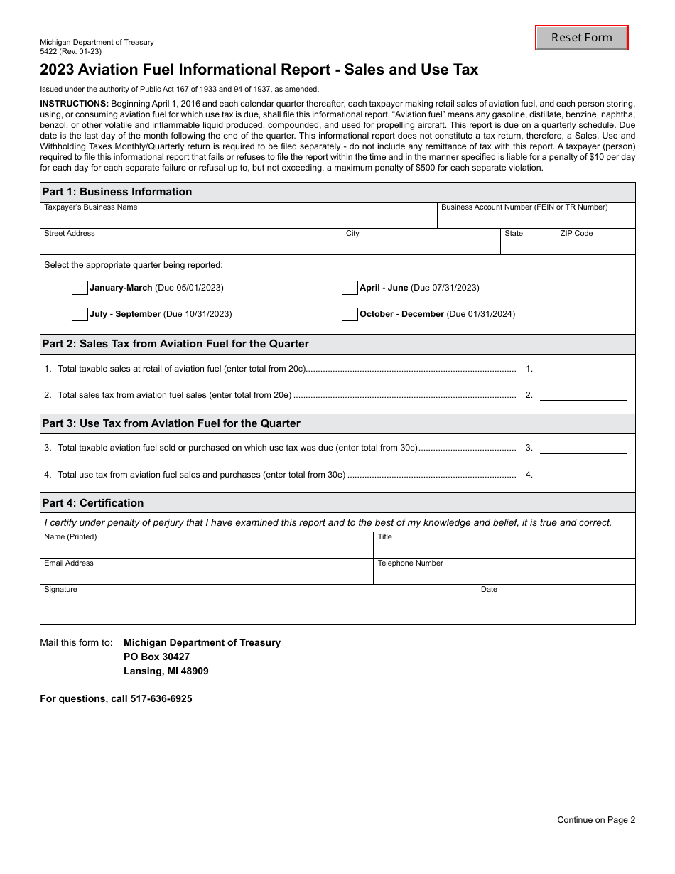 Form 5422 Aviation Fuel Informational Report - Sales and Use Tax - Michigan, Page 1