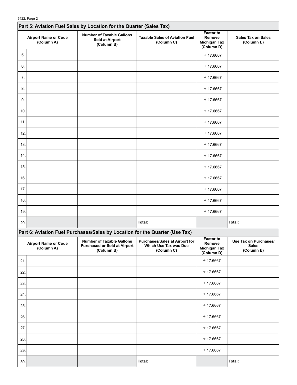 Form 5422 Aviation Fuel Informational Report - Sales and Use Tax - Michigan, Page 2