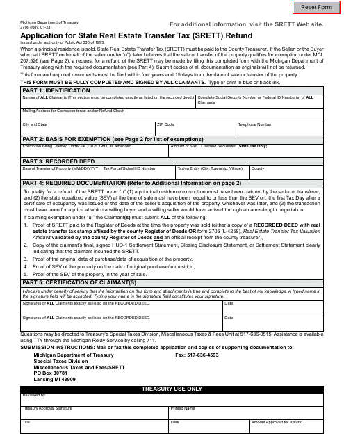 Form 2796 Application for State Real Estate Transfer Tax (Srett) Refund - Michigan