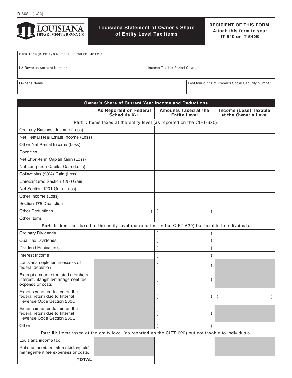 Form R-6981 Louisiana Statement of Owners Share of Entity Level Tax Items - Louisiana, Page 1