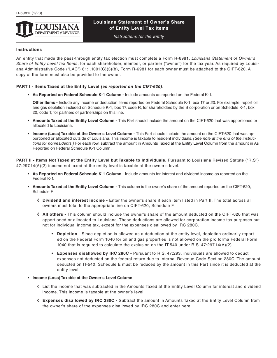 Form R-6981 Louisiana Statement of Owners Share of Entity Level Tax Items - Louisiana, Page 2
