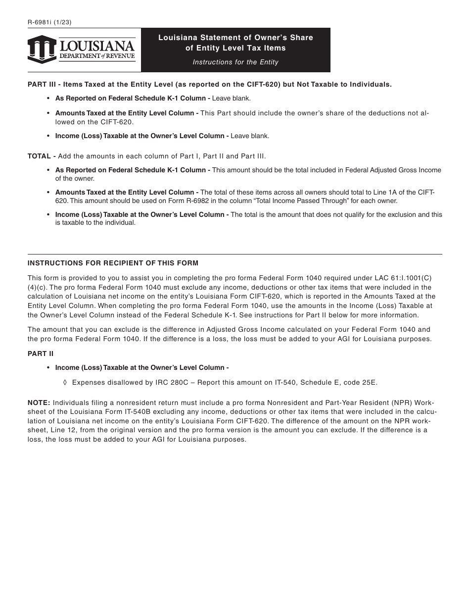 Form R-6981 Louisiana Statement of Owners Share of Entity Level Tax Items - Louisiana, Page 3