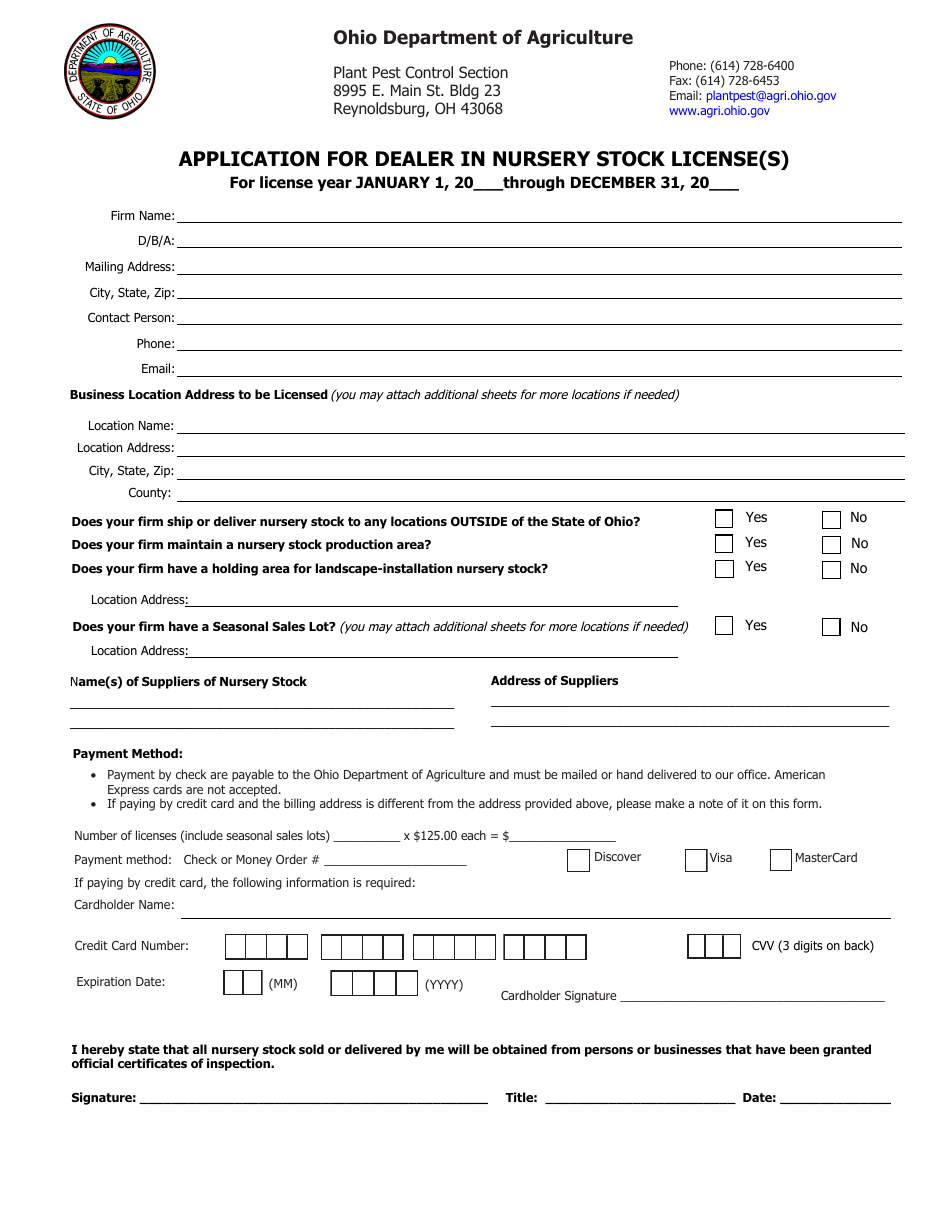 Ohio Application for Dealer in Nursery Stock License(S) Fill Out
