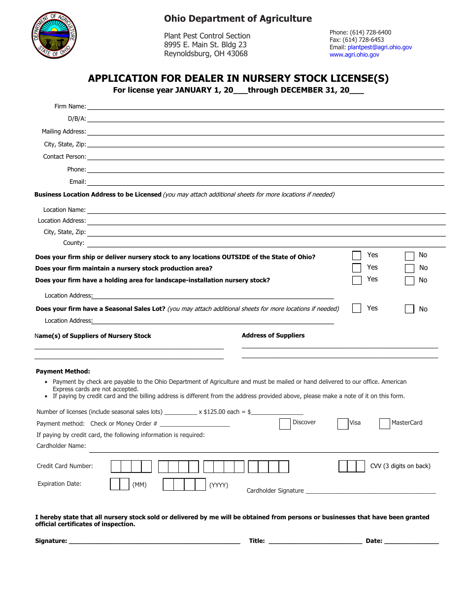 Application for Dealer in Nursery Stock License(S) - Ohio, Page 1