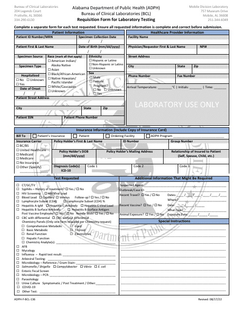Form ADPH-F-BCL-136 Requisition Form for Laboratory Testing - Alabama