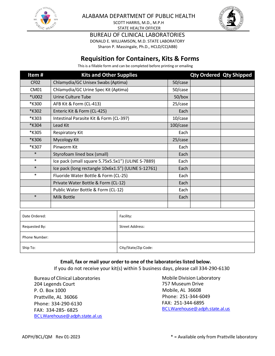 Alabama Requisition for Containers, Kits & Forms Fill Out, Sign