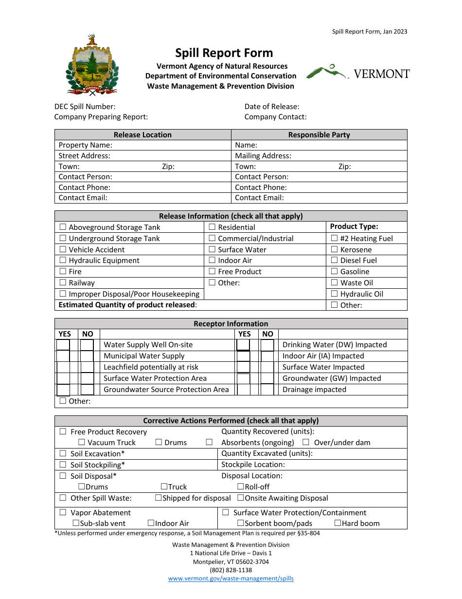 Spill Report Form - Vermont, Page 1