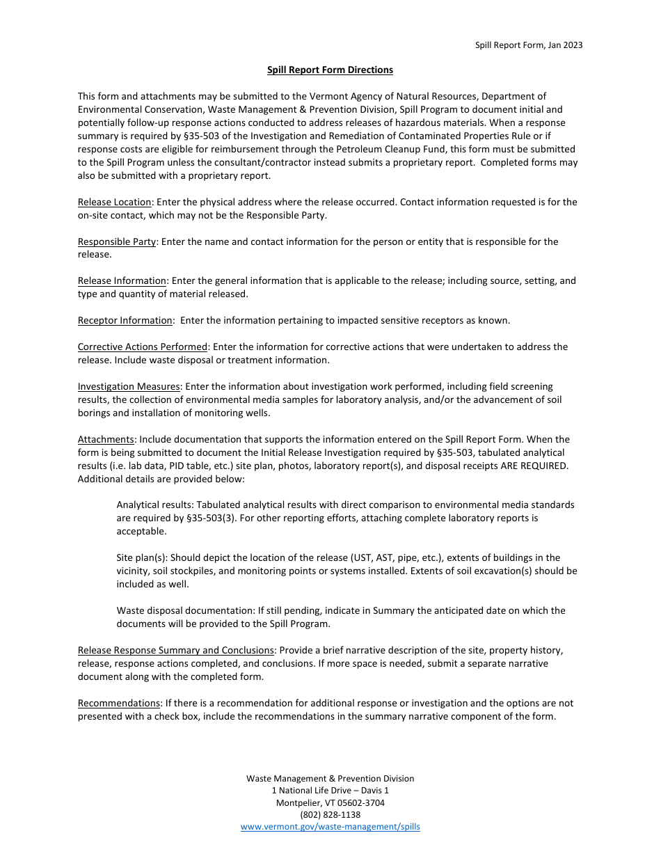 Spill Report Form - Vermont, Page 3