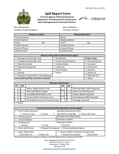 Spill Report Form - Vermont Download Pdf