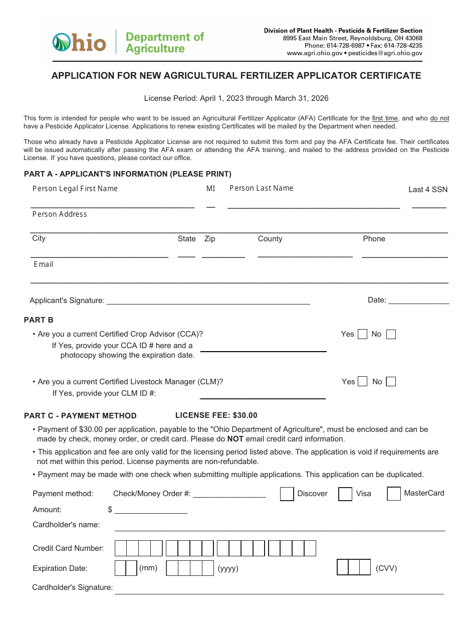 Application for New Agricultural Fertilizer Certificate - Ohio, Page 1