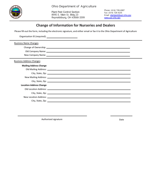 Change of Information for Nurseries and Dealers - Ohio Download Pdf