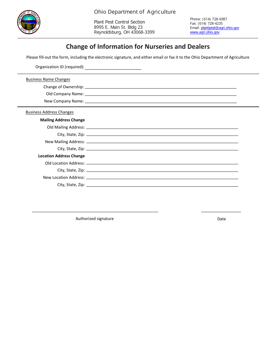 Change of Information for Nurseries and Dealers - Ohio, Page 1