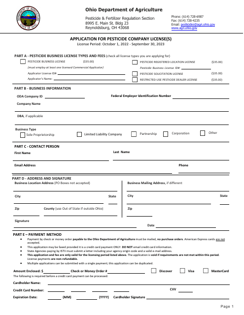 Application for Pesticide Company License(S) - Ohio, 2023