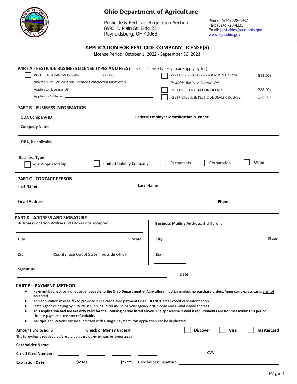 Application for Pesticide Company License(S) - Ohio, Page 1