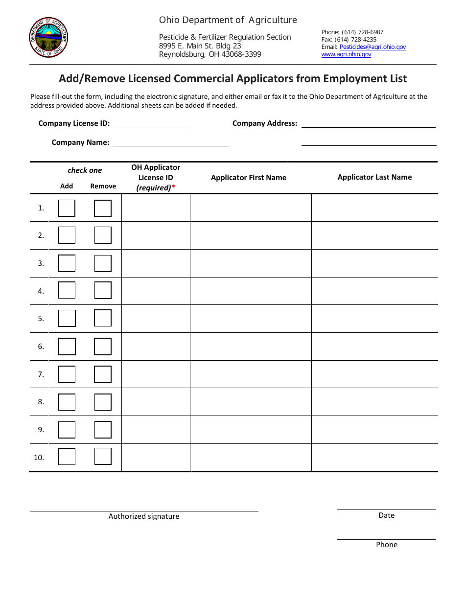 Add / Remove Licensed Commercial Applicators From Employment List - Ohio, Page 1