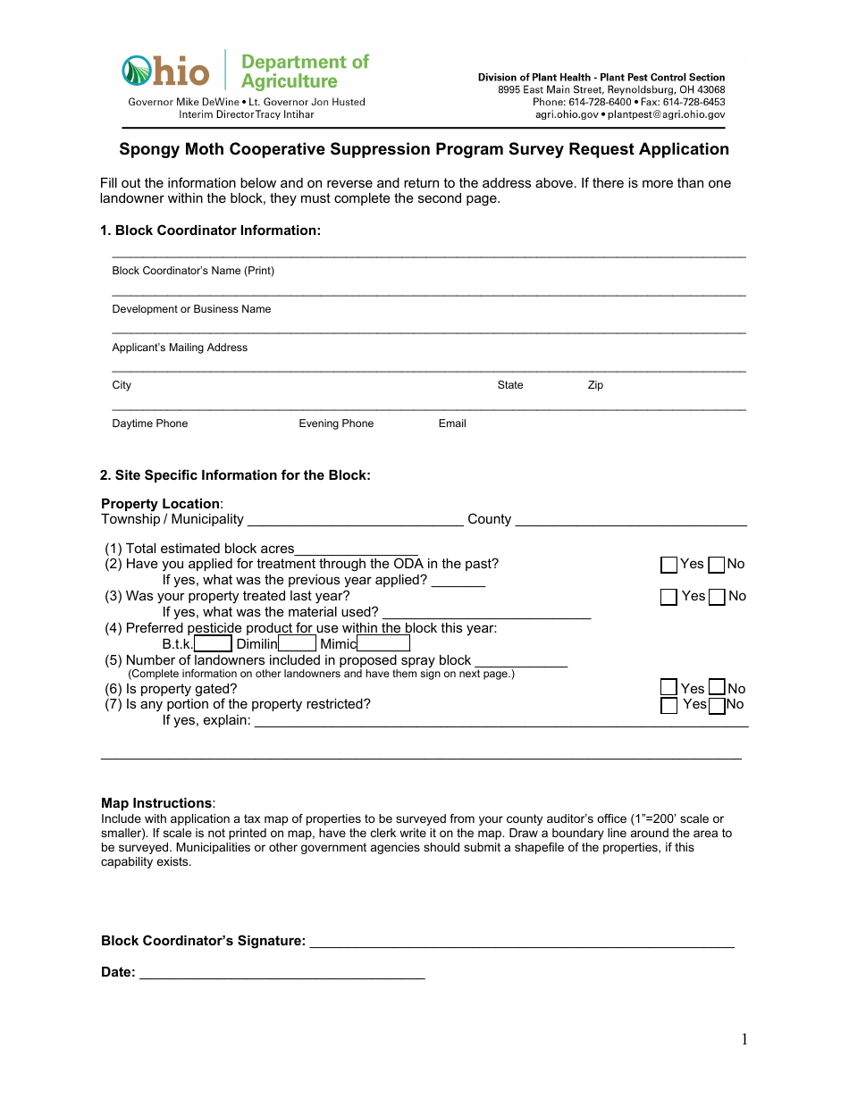 Spongy Moth Cooperative Suppression Program Survey Request Application - Ohio, Page 1