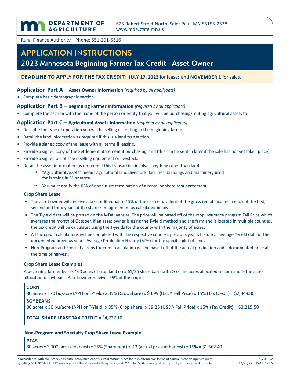Form AG-03362 Minnesota Beginning Farmer Tax Credit-Asset Owner Application - Minnesota, Page 1
