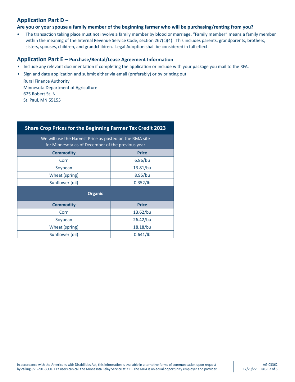 Form AG-03362 Minnesota Beginning Farmer Tax Credit-Asset Owner Application - Minnesota, Page 2