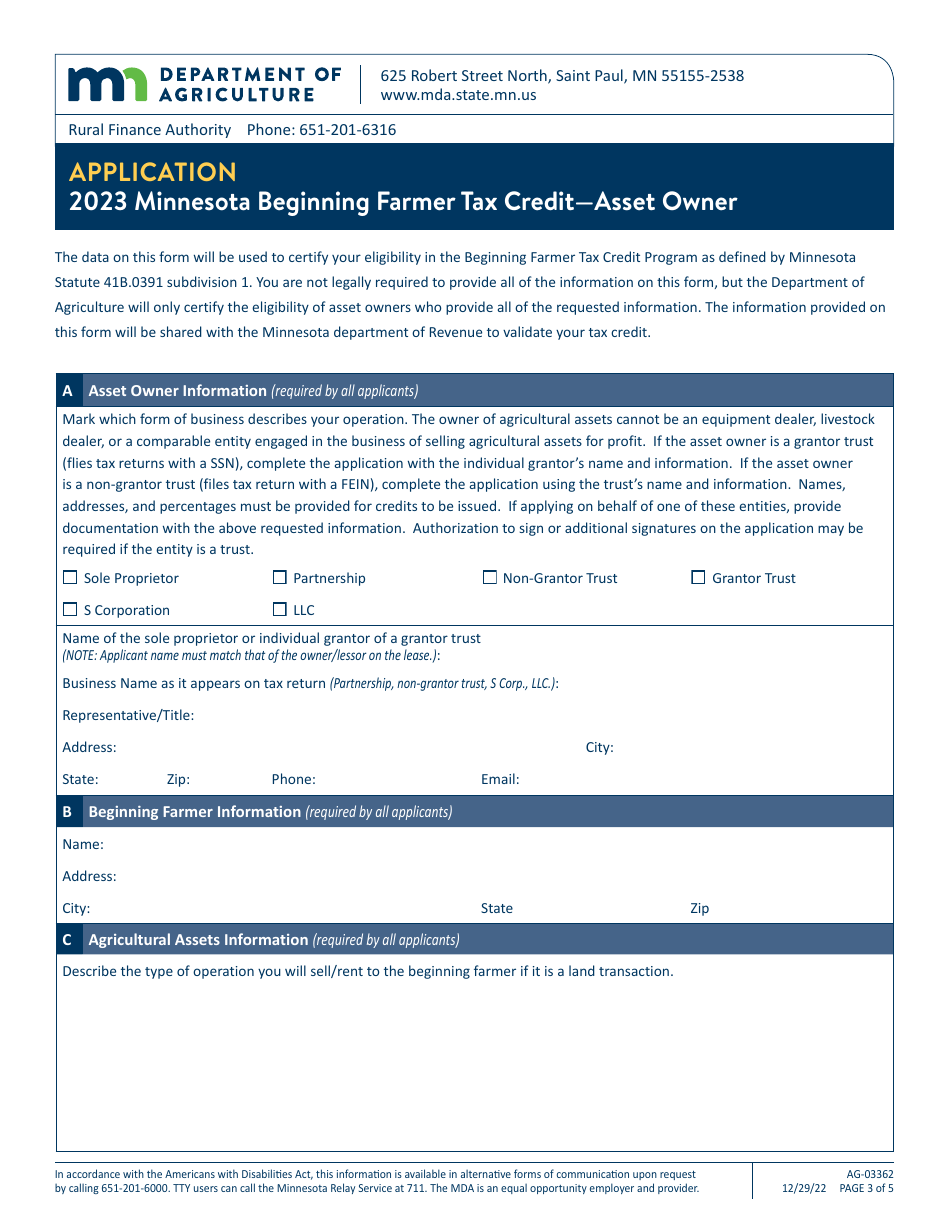 Form AG-03362 Minnesota Beginning Farmer Tax Credit-Asset Owner Application - Minnesota, Page 3