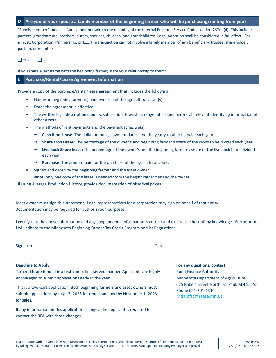 Form AG-03362 Minnesota Beginning Farmer Tax Credit-Asset Owner Application - Minnesota, Page 5