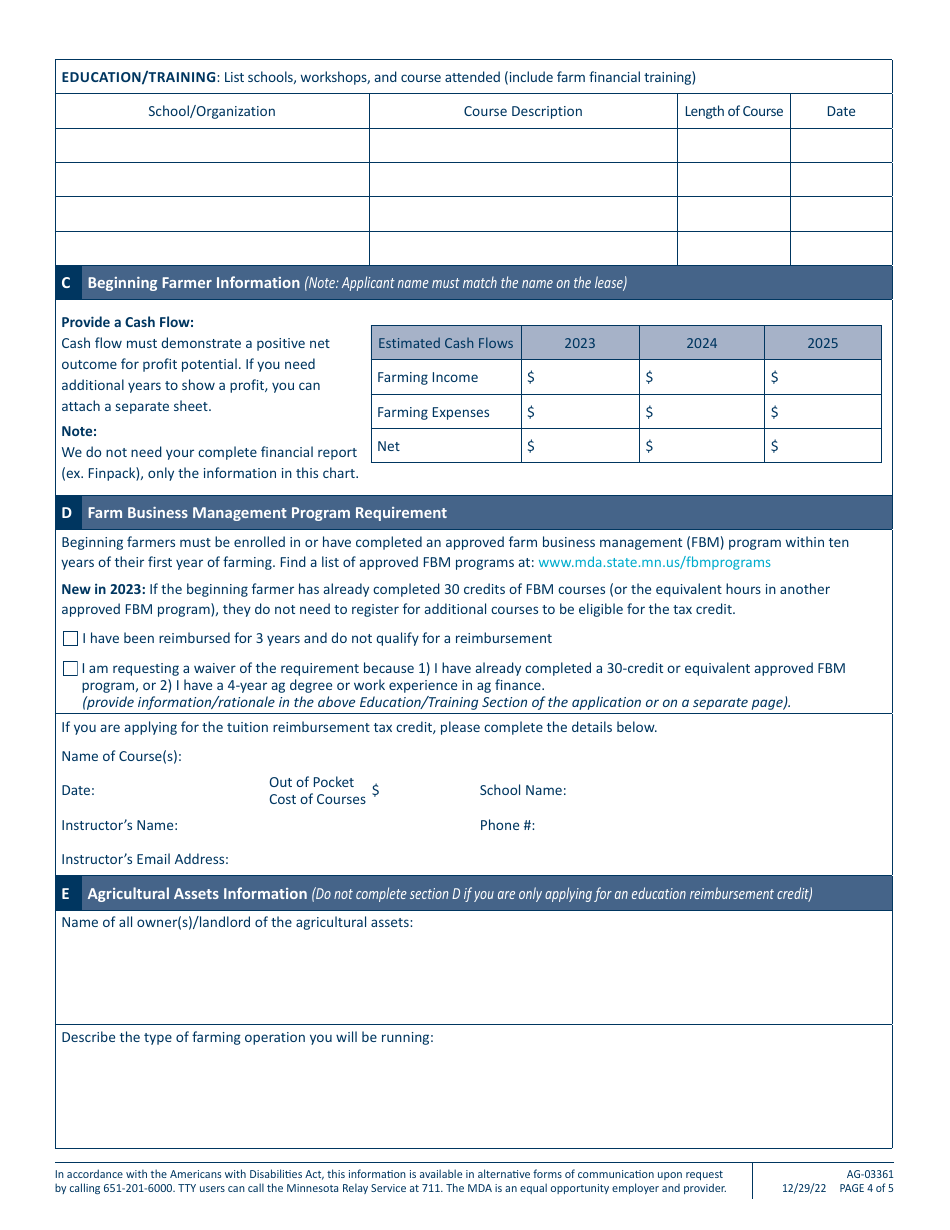 Form AG-03361 Minnesota Beginning Farmer Tax Credit Application - Minnesota, Page 4