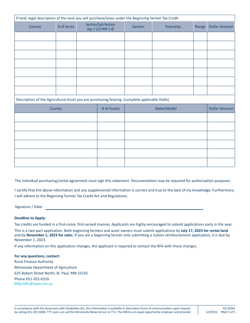 Form AG-03361 Minnesota Beginning Farmer Tax Credit Application - Minnesota, Page 5