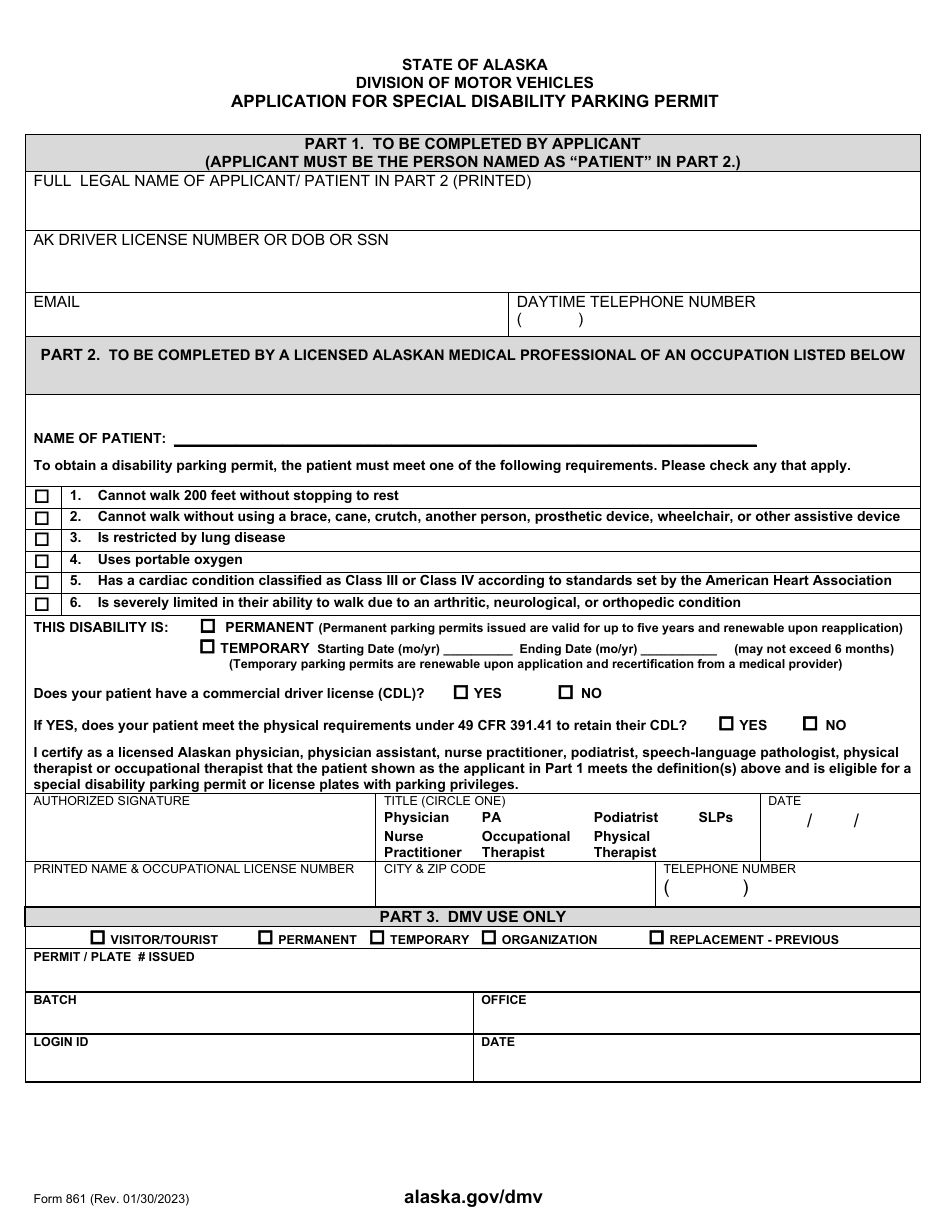 Form 861 Application for Special Disability Parking Permit - Alaska, Page 1