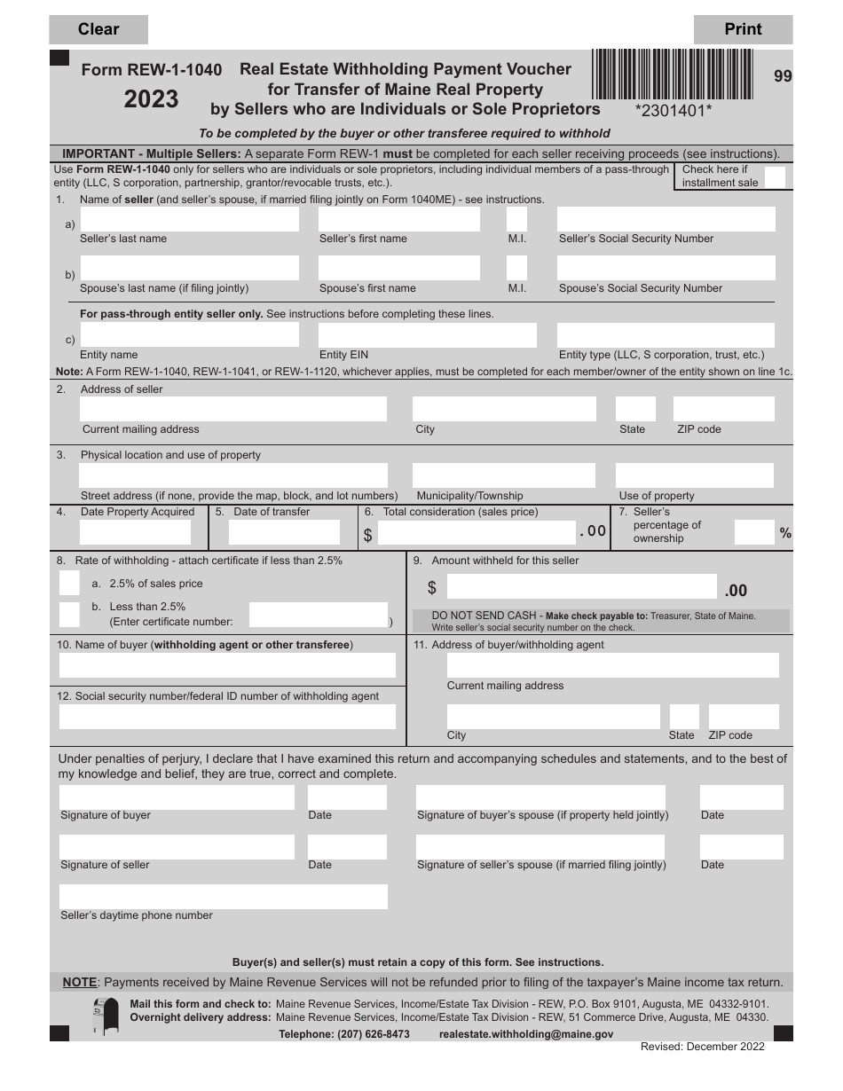 Form REW-1-1040 Real Estate Withholding Payment Voucher for Transfer of Maine Real Property by Sellers Who Are Individuals or Sole Proprietors - Maine, Page 1