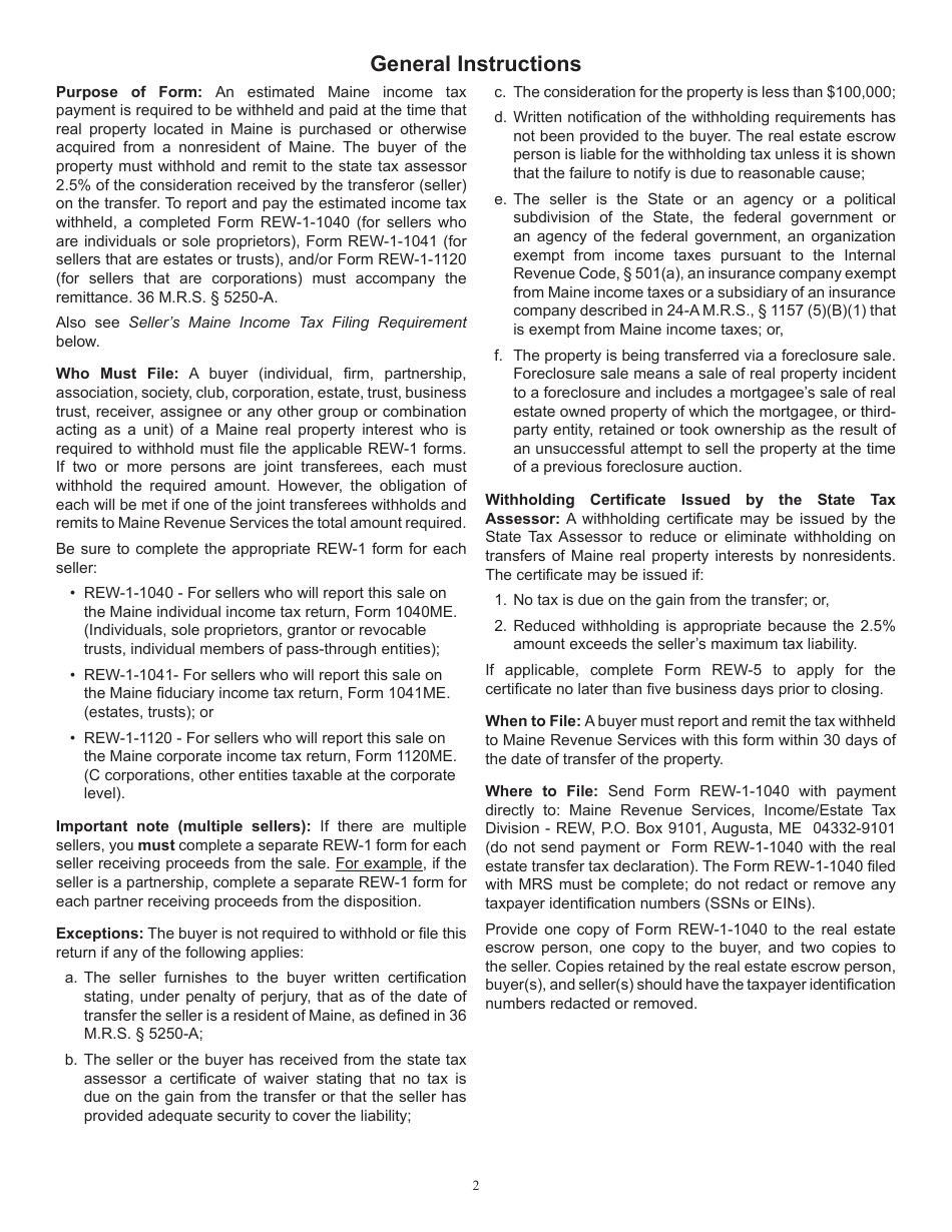 Form REW-1-1040 Real Estate Withholding Payment Voucher for Transfer of Maine Real Property by Sellers Who Are Individuals or Sole Proprietors - Maine, Page 2