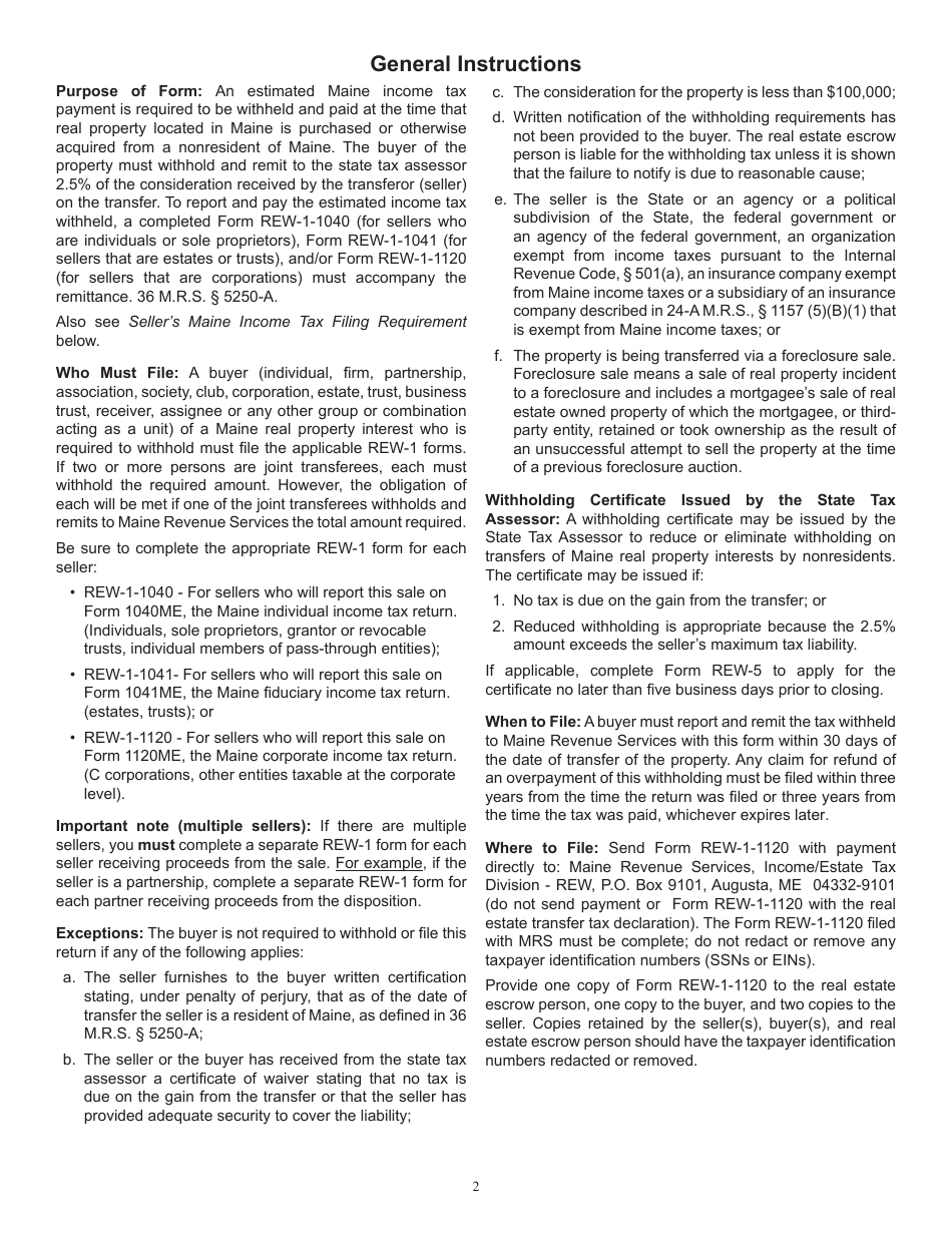 Form REW-1-1120 Real Estate Withholding Payment Voucher for Transfer of Maine Real Property by Sellers That Are Corporations - Maine, Page 2