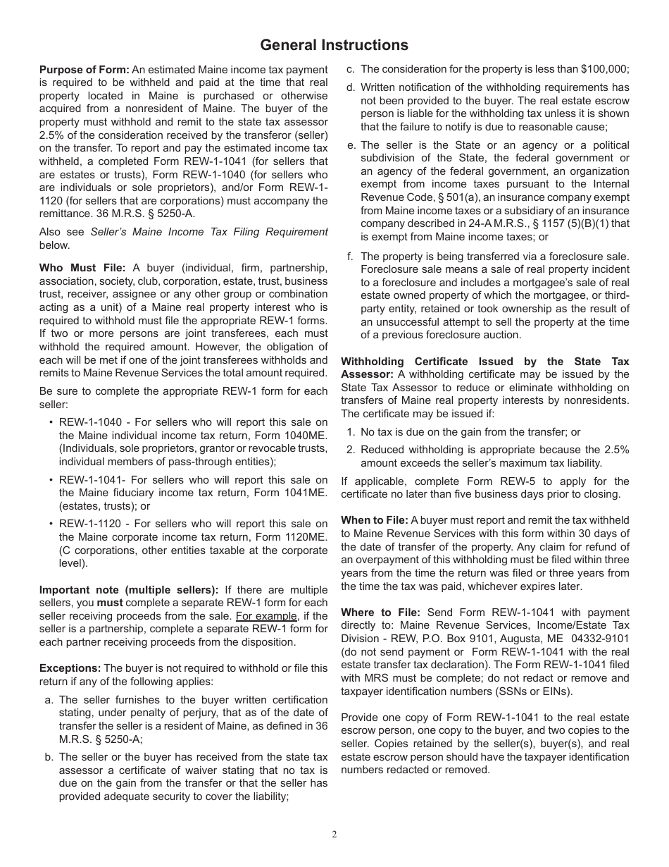 Form REW-1-1041 Real Estate Withholding Payment Voucher Transfer of Maine Real Property by Sellers That Are Estates or Trusts - Maine, Page 2