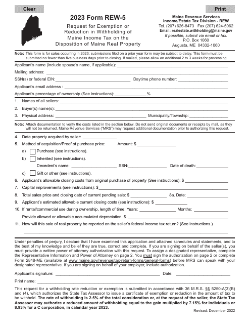 Form REW-5 Request for Exemption or Reduction in Withholding of Maine Income Tax on the Disposition of Maine Real Property - Maine, 2023