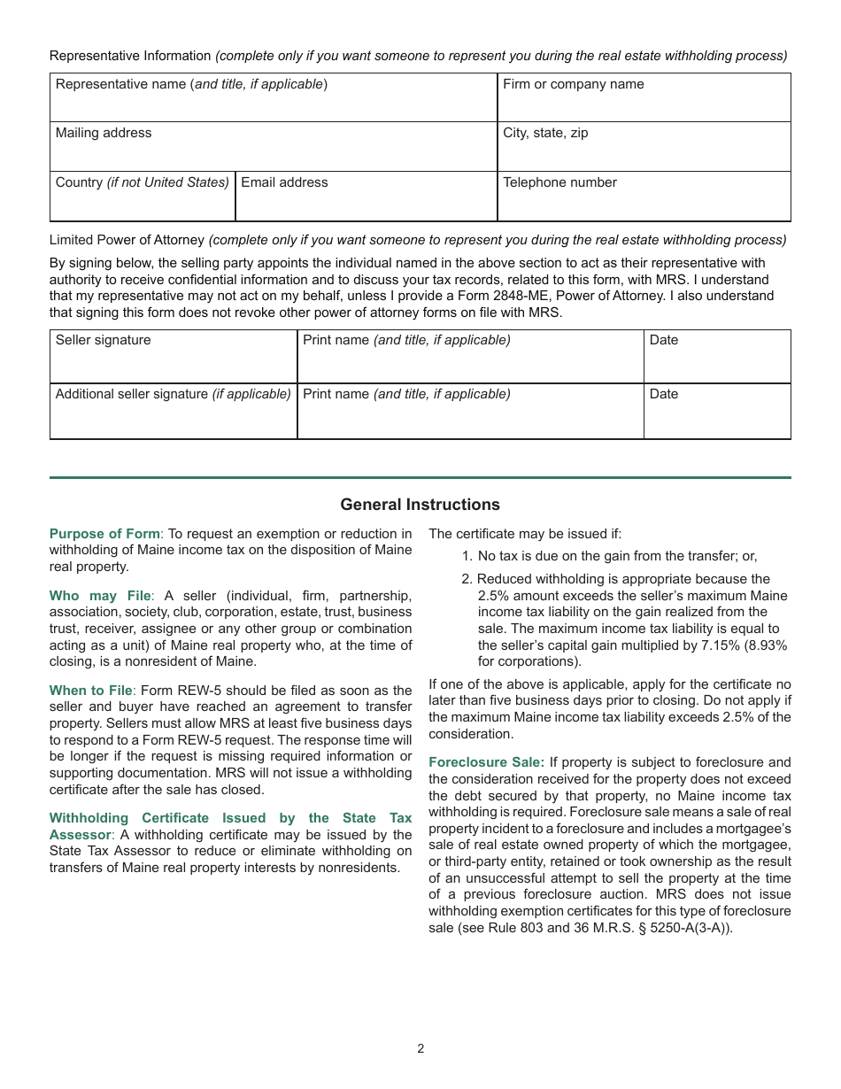 Form REW-5 Request for Exemption or Reduction in Withholding of Maine Income Tax on the Disposition of Maine Real Property - Maine, Page 2
