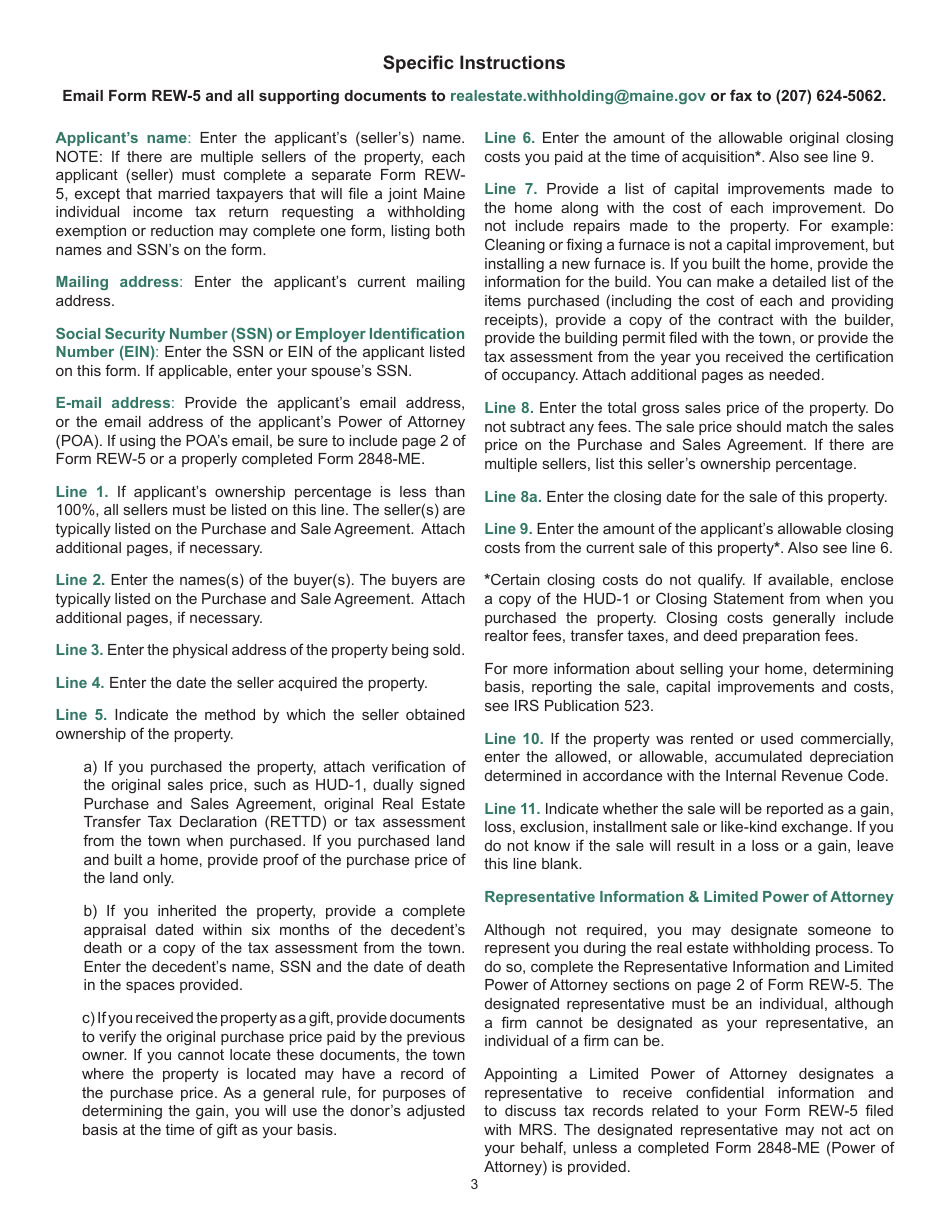 Form REW-5 Request for Exemption or Reduction in Withholding of Maine Income Tax on the Disposition of Maine Real Property - Maine, Page 3