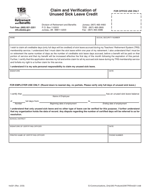 Form TRS021 Claim and Verification of Unused Sick Leave Credit - Alaska